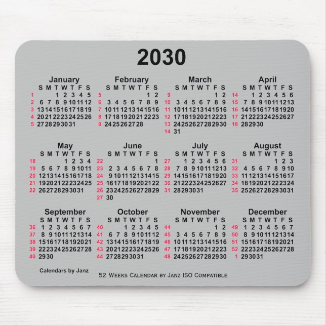 2030 Silver 52 Weeks ISO Calendar by Janz Mouse Pad (Front)