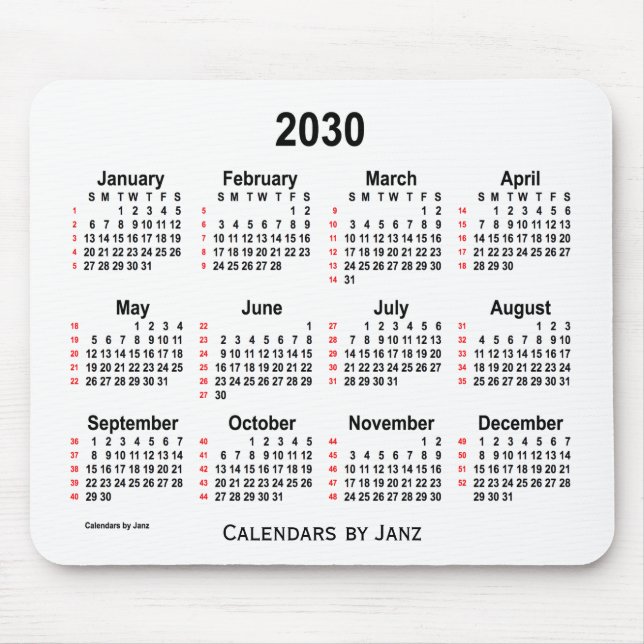 2030 White 52 Weeks Calendar by Janz Mouse Pad (Front)