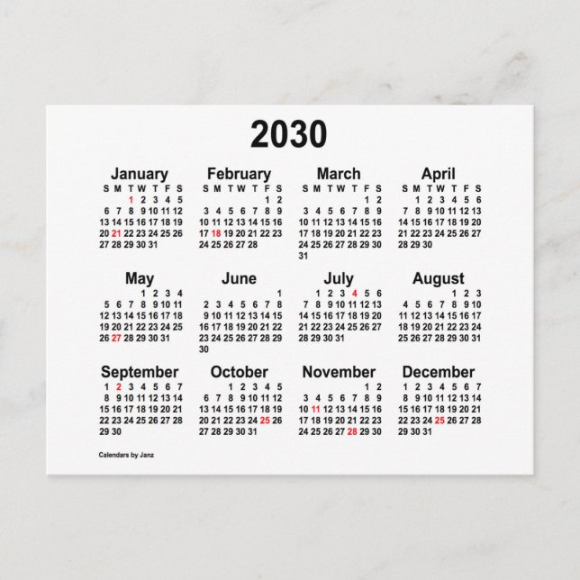 2030 White Holiday Mini Calendar by Janz Postcard (Front)