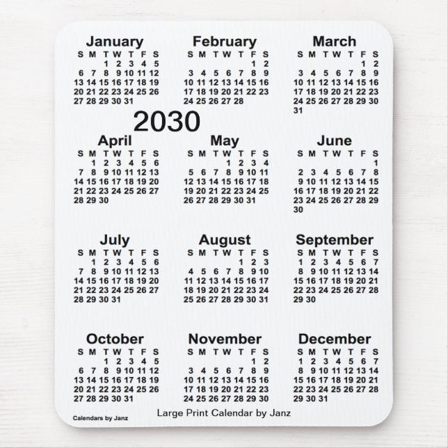 2030 White Large Print Calendar by Janz Mouse Pad (Front)