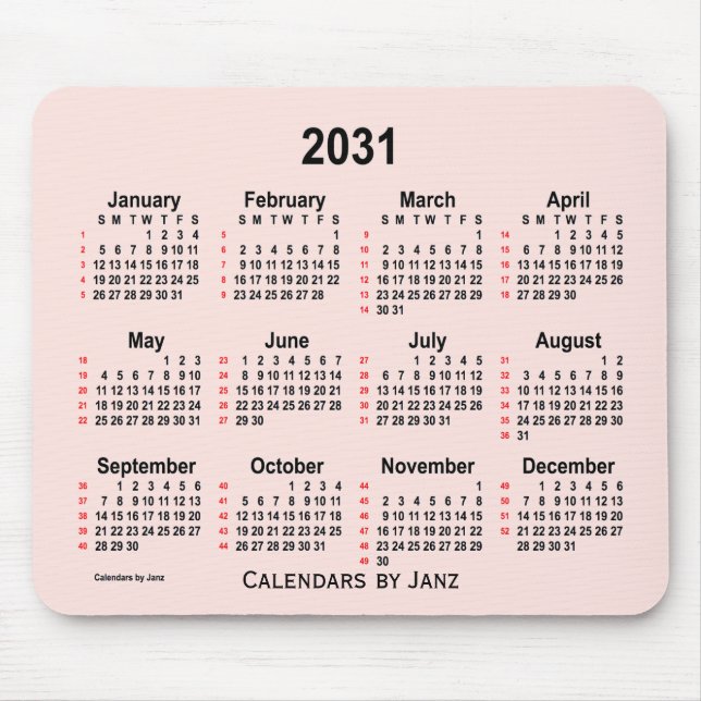 2031 Misty Rose 52 Weeks Calendar by Janz Mouse Pad (Front)