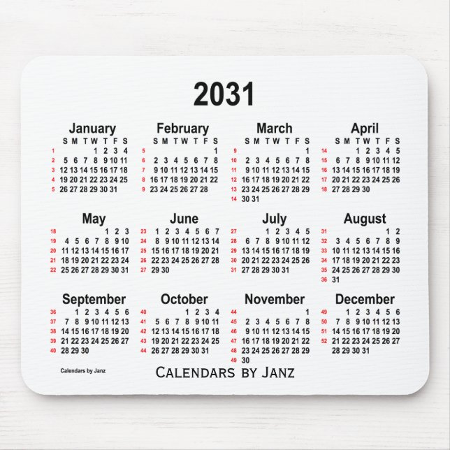 2031 White 52 Weeks Calendar by Janz Mouse Pad (Front)