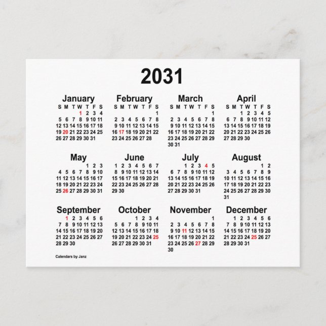 2031 White Holiday Mini Calendar by Janz Postcard (Front)