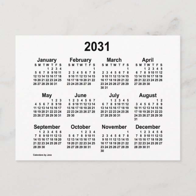 2031 White Mini Calendar by Janz Postcard (Front)