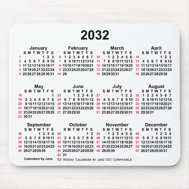 2032 White 52 Weeks ISO Calendar by Janz Mouse Pad (Front)