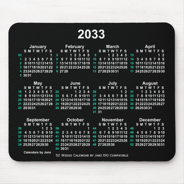 2033 Neon White 52 Weeks ISO Calendar by Janz Mouse Pad (Front)