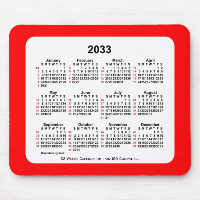 2033 Red 52 Weeks ISO Calendar by Janz Two Tone Mouse Pad (Front)