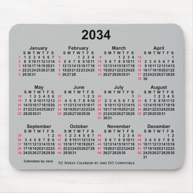 2034 Silver 52 Weeks ISO Calendar by Janz Mouse Pad (Front)
