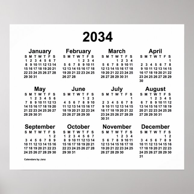 2034 White Calendar by Janz Print (Front)