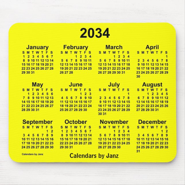 2034 Yellow Calendar by Janz Mouse Pad (Front)