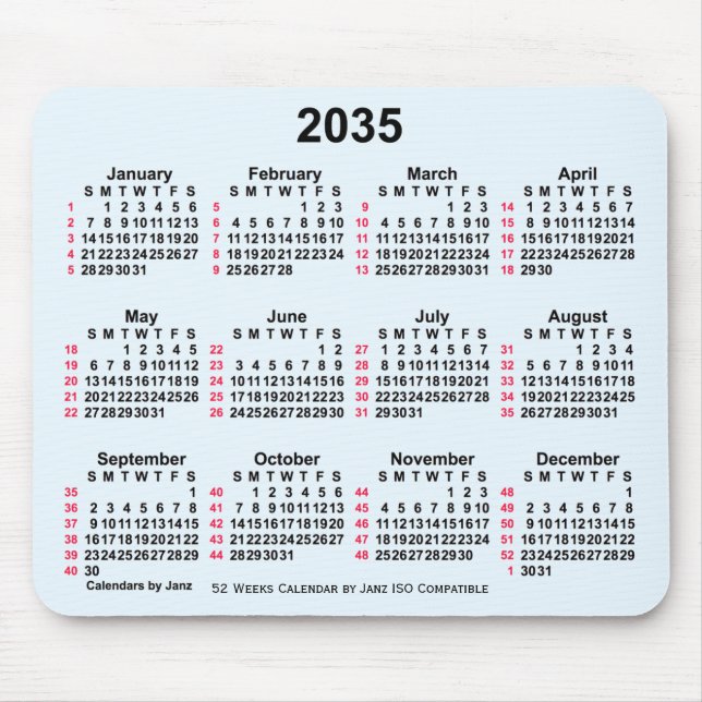 2035 Alice Blue 52 Weeks ISO Calendar by Janz Mouse Pad (Front)