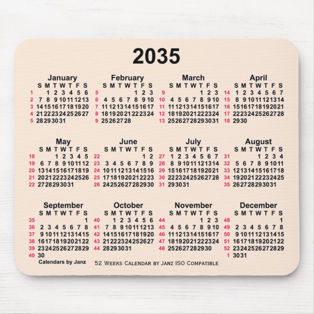 2035 Antique White 52 Weeks ISO Calendar by Janz Mouse Pad (Front)