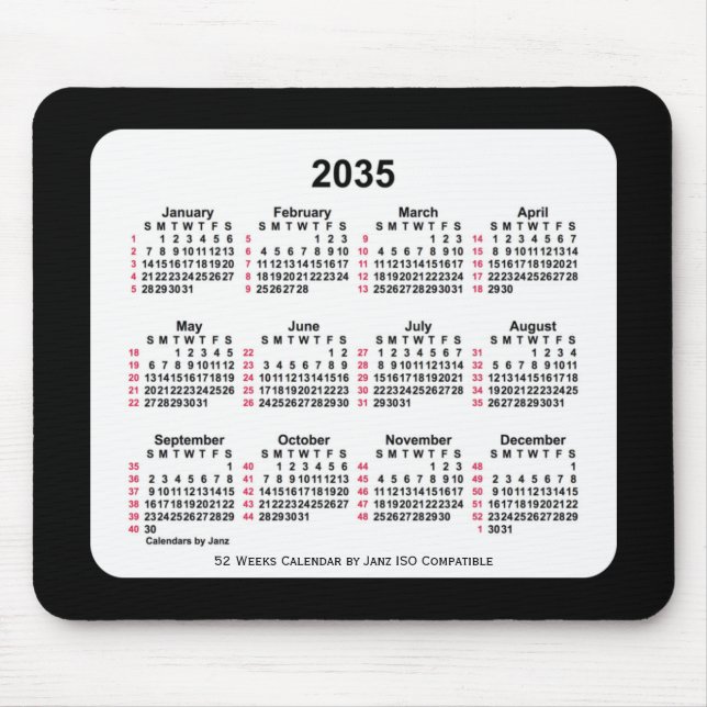 2035 Black 52 Weeks ISO Calendar by Janz Two Tone Mouse Pad (Front)