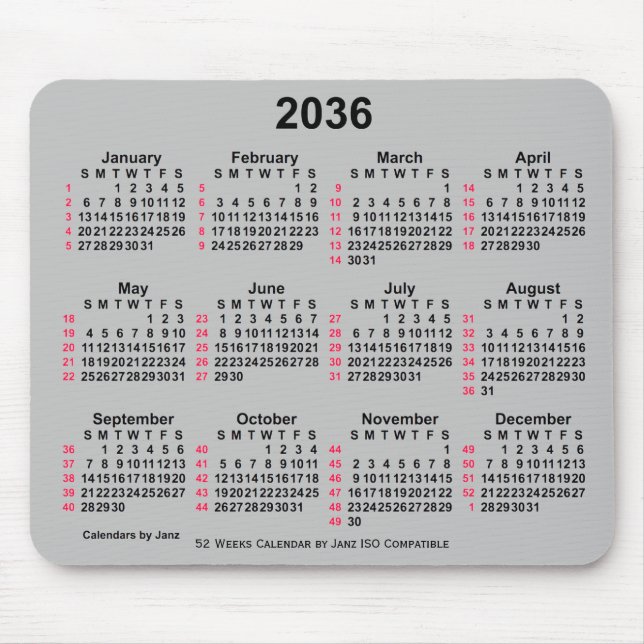 2036 Silver 52 Weeks ISO Calendar by Janz Mouse Pad (Front)