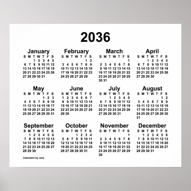 2036 White Calendar by Janz Print (Front)
