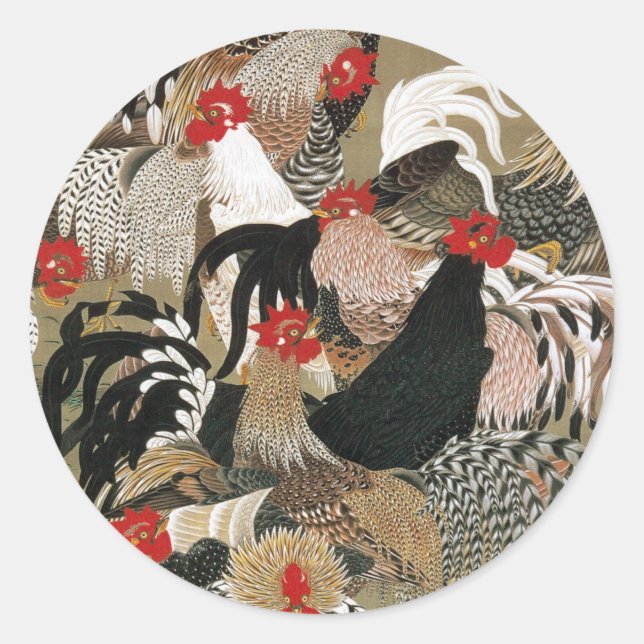 20. 群鶏図, 若冲 Flock of Roosters, Jakuchu Classic Round Sticker (Front)