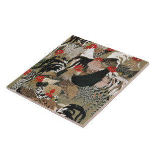 20. 群鶏図, 若冲 Flock of Roosters, Jakuchu, Japan Art Ceramic Tile