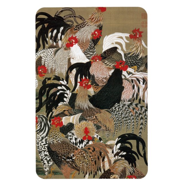 20. 群鶏図, 若冲 Flock of Roosters, Jakuchu, Japan Art Magnet (Vertical)