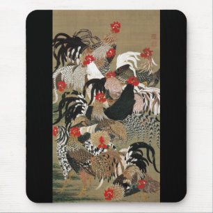 20. 群鶏図, 若冲 Flock of Roosters, Jakuchu Mouse Pad