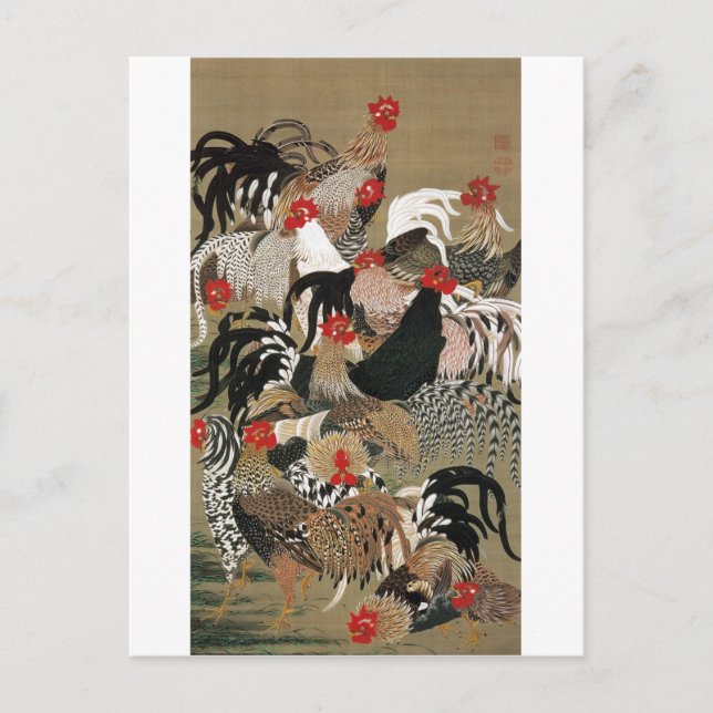 20. 群鶏図, 若冲 Flock of Roosters, Jakuchu Postcard (Front)