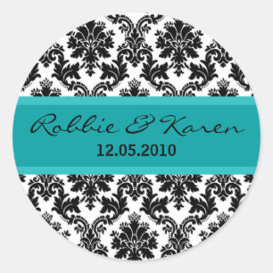 20 - 1.50" Black Damask & Teal Favour Stickers