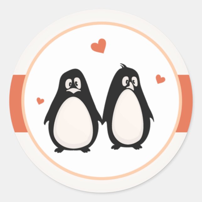 20 - 1.5" Envelope Penguin Love/Hearts Peach Classic Round Sticker (Front)