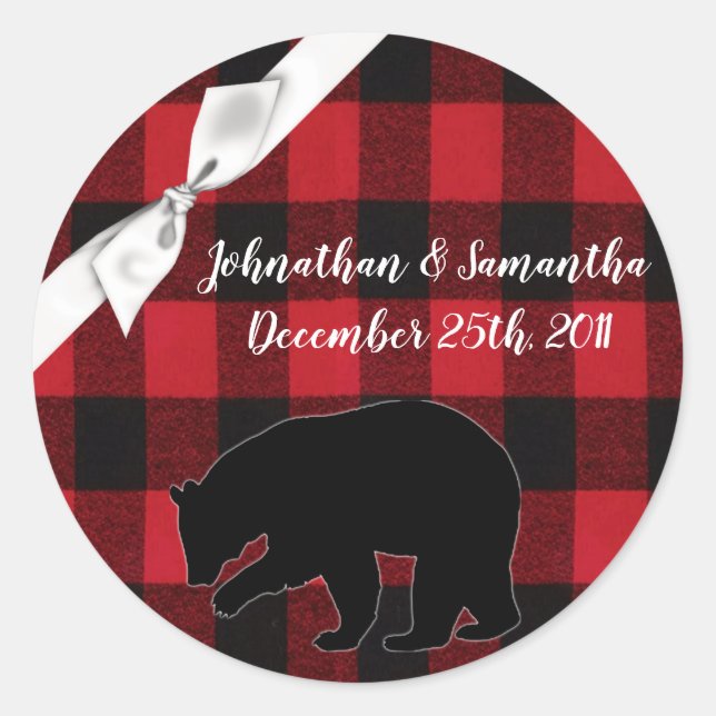 20 - 1.5"  Favour Stickers Red Buffalo Plaid Bear (Front)