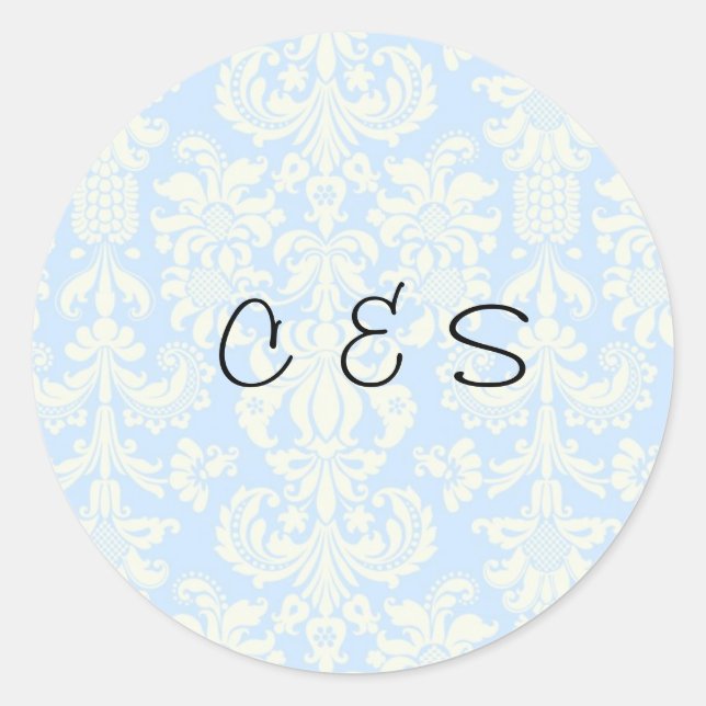 20 Blue/White Damask Wedding Favour Stickers (Front)