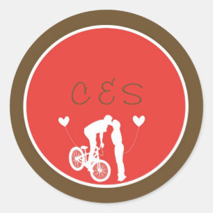20 Couple Bike Red/Brown Wedding Favour Stickers