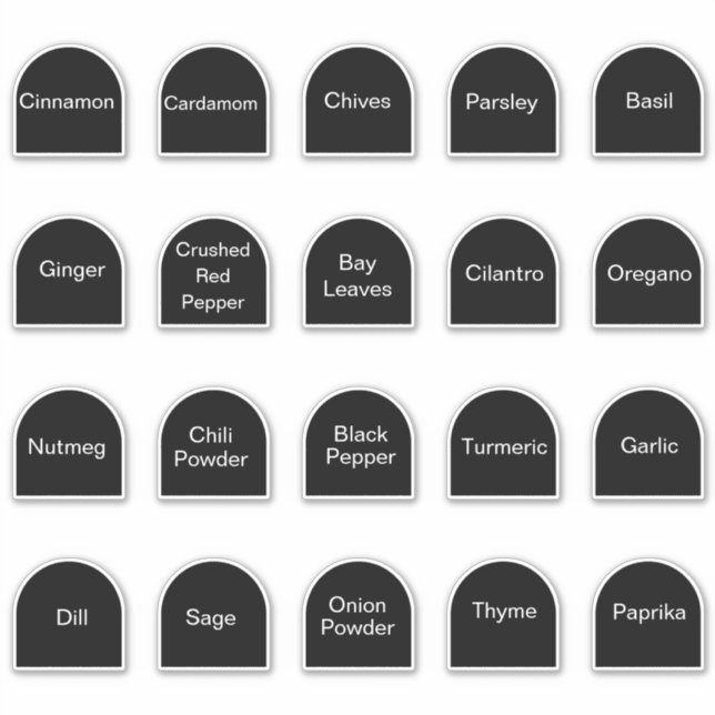 20 kitchen herbs and spices, black and white label (Front)