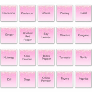 20 kitchen herbs and spices, pink glitters label