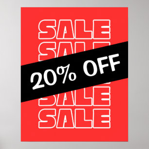 20% Off Sale Sign, Retail Store Signage, Red Sale  Poster