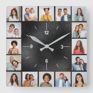 20 Photo Collage Faux Black Brushed Metallic Foil Square Wall Clock