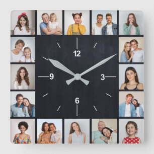 20 Photo Collage Faux Black Chalkboard Square Wall Clock
