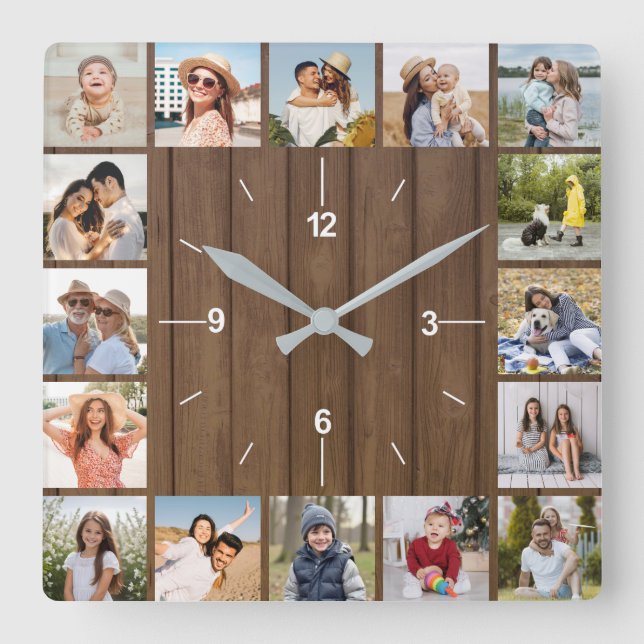 20 Photo Collage Faux Brown Wood Fence Square Wall Clock (Front)