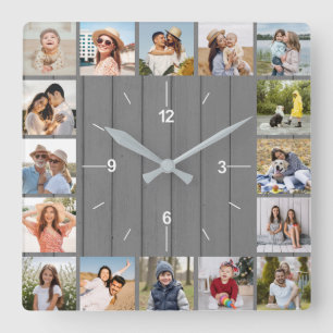 20 Photo Collage Faux Grey Wood Fence Square Wall Clock