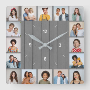 20 Photo Collage Faux Grey Wood Fence Square Wall Clock