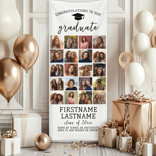 20 Photo Collage Graduation Modern Minimal White Banner (Custom Graduation Photo Banner - Great backdrop and Graduation Party Decoration)