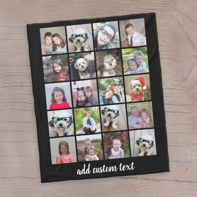 20 Photo Collage - Grid with Script Text - black Fleece Blanket (20 Photo personalized blanket)