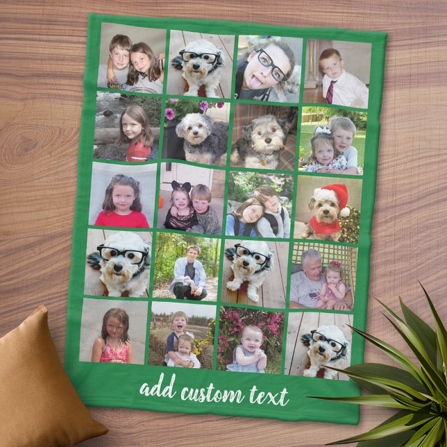 20 Photo Collage - Grid with Script Text - green Fleece Blanket (Personalized Fleece Blanket - Add Photos and Text or Customize completely in advanced design area)