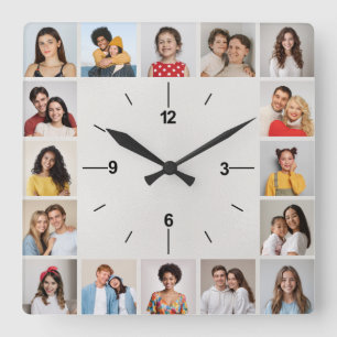 20 Photo Collage Metallic White Foil Square Wall Clock