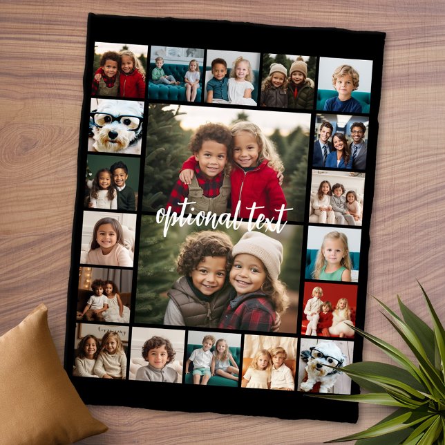 20 Photo Collage Optional Text -- black background Fleece Blanket (Personalized Fleece Blanket - Add Photos and Text or Customize completely in advanced design area)