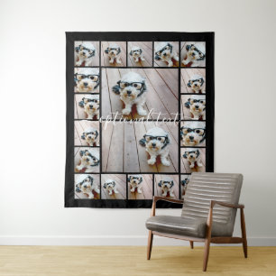 20 Photo Collage Optional Text -- black background Tapestry