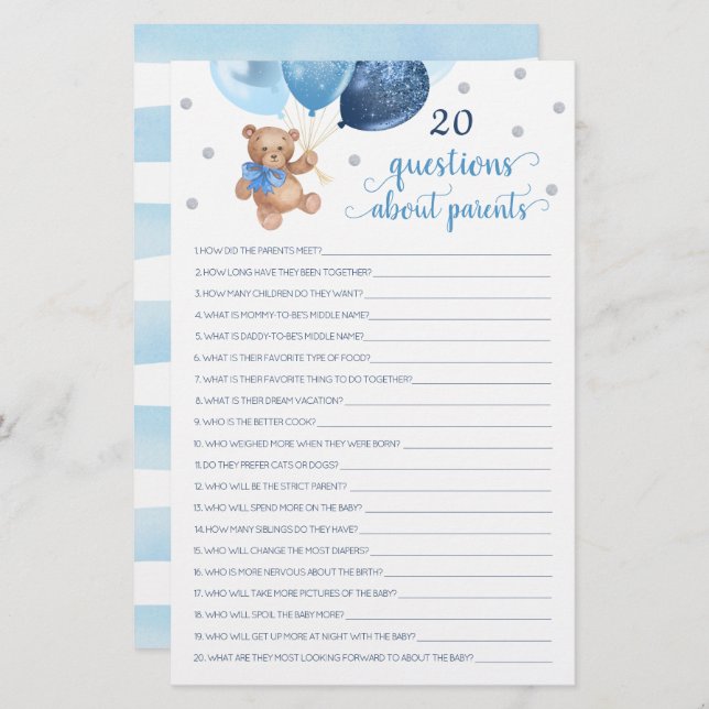 20 Questions About Parents Baby Shower Teddy Bear (Front/Back)