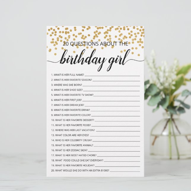 20 Questions about the Birthday Girl Birthday game (Standing Front)
