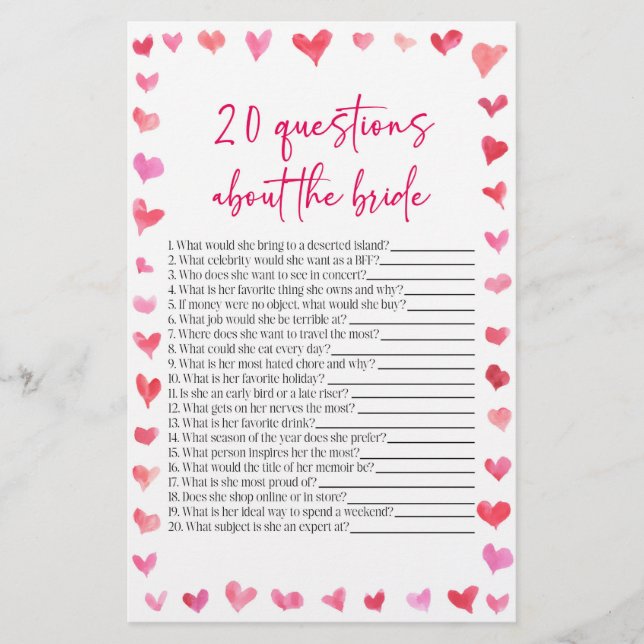 20 Questions About The Bride Bridal Shower Game  Stationery (Front)
