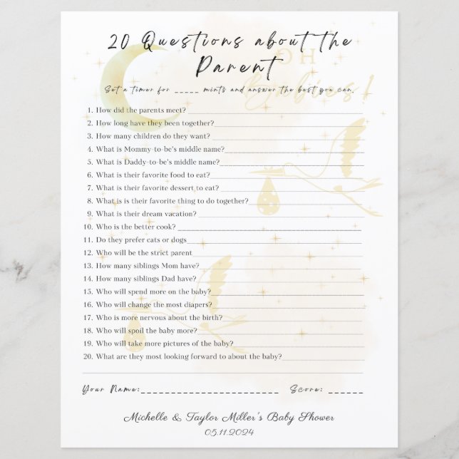20 Questions about the parent Baby Shower Game (Front)