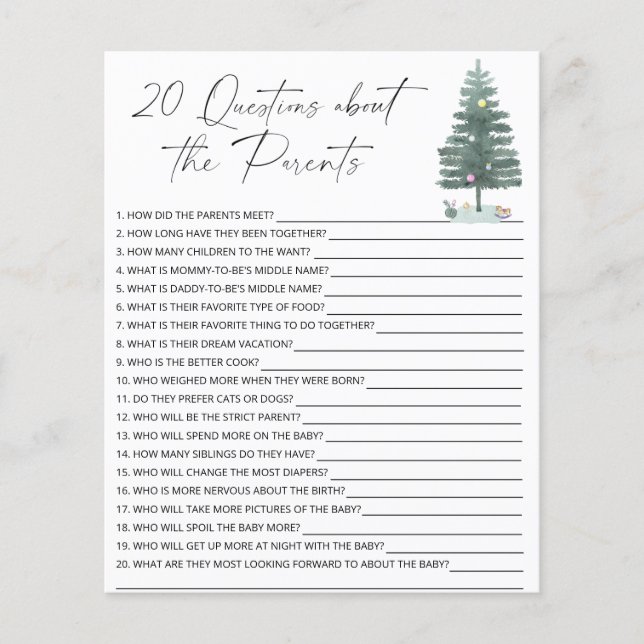 20 Questions about the Parents baby shower game (Front)