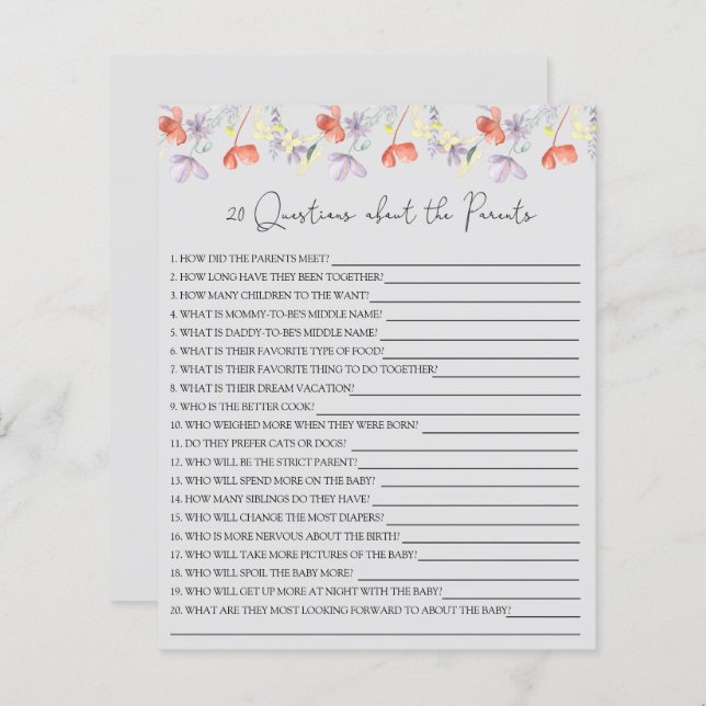 20 Questions about the Parents baby shower game (Front/Back)