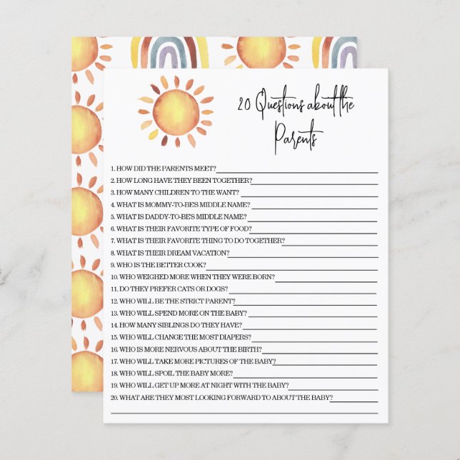 20 Questions about the Parents baby shower game (Front/Back)